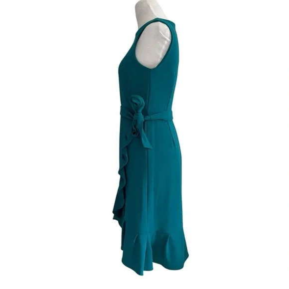 Calvin Klein ruffle sheath dress tie waist flounce hem size 4 teal - Picture 7 of 13
